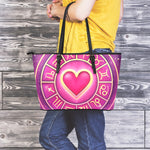 Pink Heart Zodiac Wheel Print Leather Tote Bag