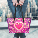 Pink Heart Zodiac Wheel Print Leather Tote Bag