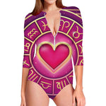 Pink Heart Zodiac Wheel Print Long Sleeve Swimsuit