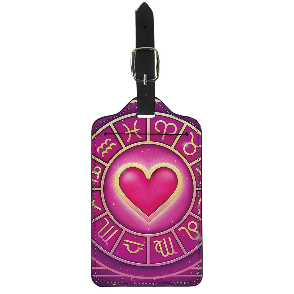Pink Heart Zodiac Wheel Print Luggage Tag