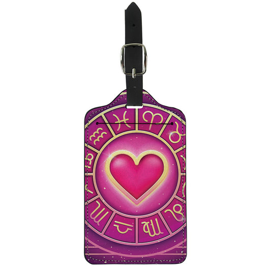 Pink Heart Zodiac Wheel Print Luggage Tag