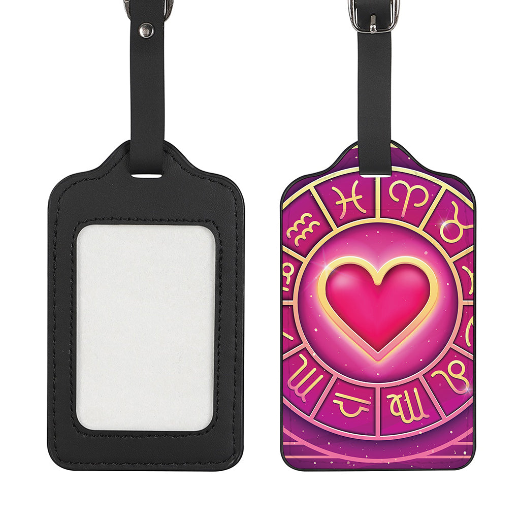 Pink Heart Zodiac Wheel Print Luggage Tag