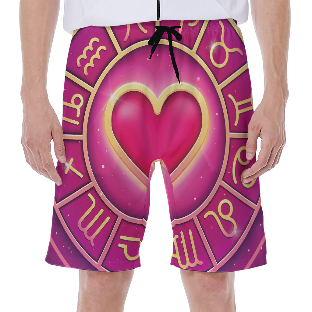 Pink Heart Zodiac Wheel Print Men's Beach Shorts