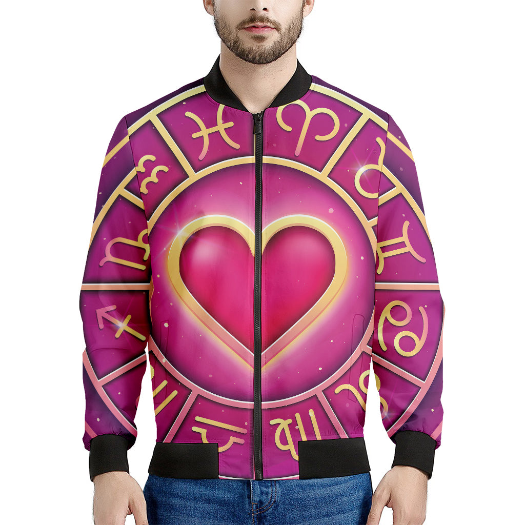 Pink Heart Zodiac Wheel Print Men's Bomber Jacket
