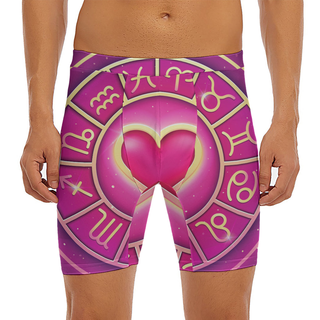 Pink Heart Zodiac Wheel Print Men's Long Boxer Briefs