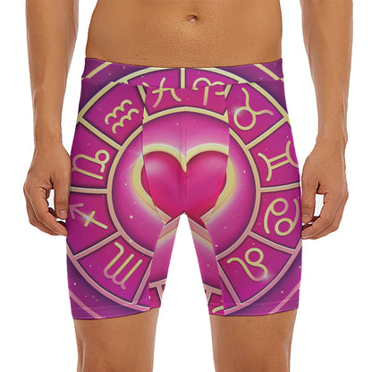 Pink Heart Zodiac Wheel Print Men's Long Boxer Briefs