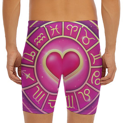 Pink Heart Zodiac Wheel Print Men's Long Boxer Briefs