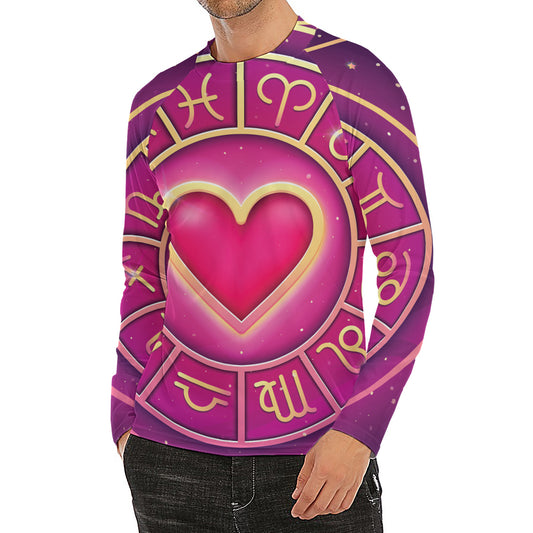 Pink Heart Zodiac Wheel Print Men's Long Sleeve Rash Guard
