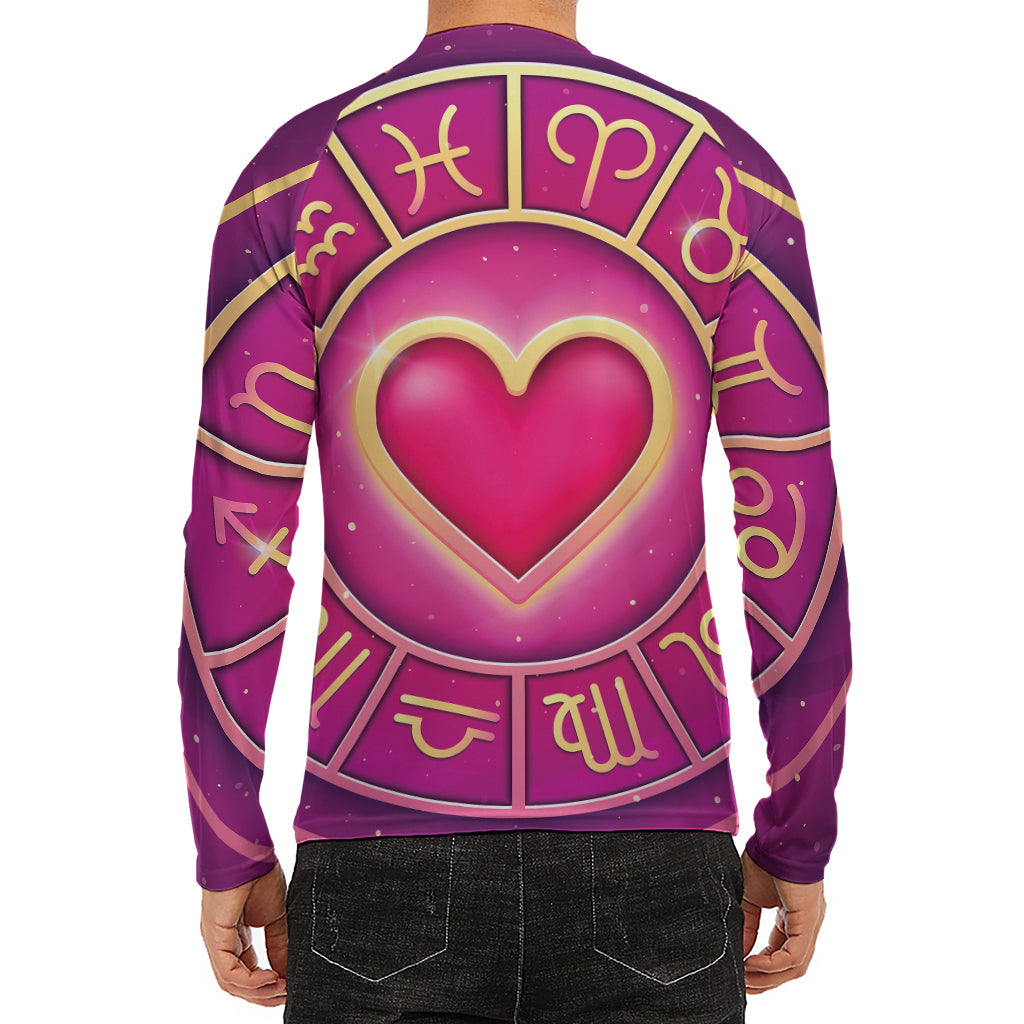 Pink Heart Zodiac Wheel Print Men's Long Sleeve Rash Guard
