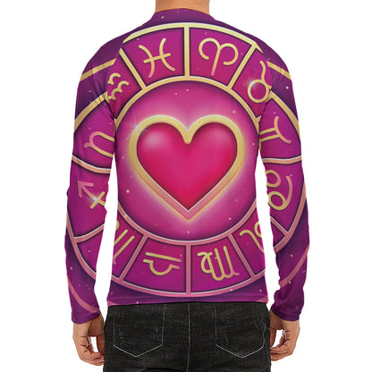 Pink Heart Zodiac Wheel Print Men's Long Sleeve Rash Guard