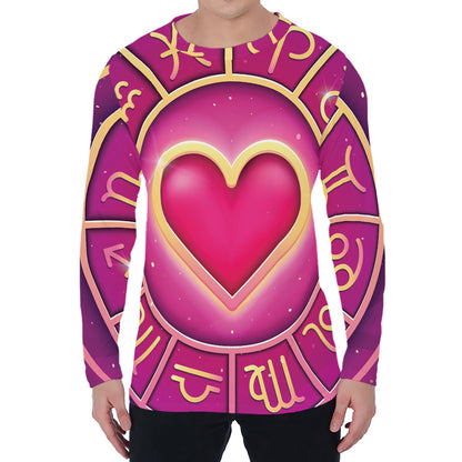Pink Heart Zodiac Wheel Print Men's Long Sleeve T-Shirt