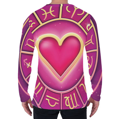 Pink Heart Zodiac Wheel Print Men's Long Sleeve T-Shirt