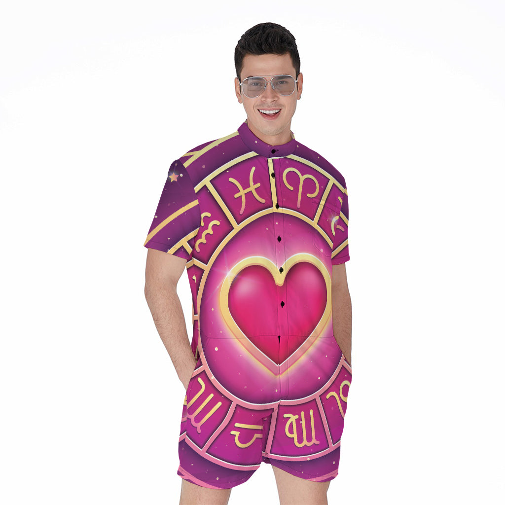 Pink Heart Zodiac Wheel Print Men's Rompers