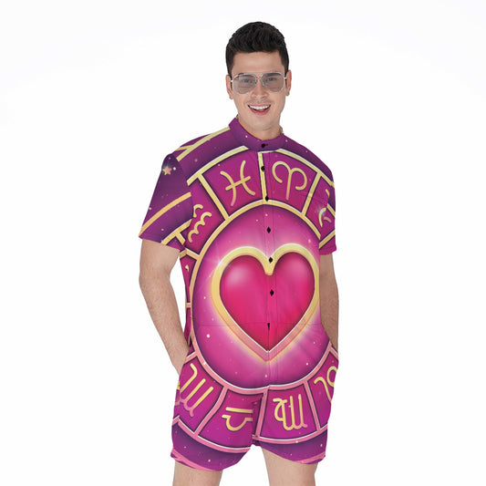 Pink Heart Zodiac Wheel Print Men's Rompers