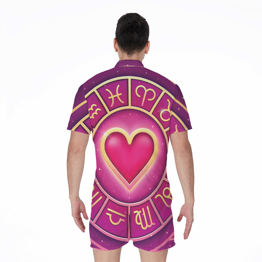 Pink Heart Zodiac Wheel Print Men's Rompers