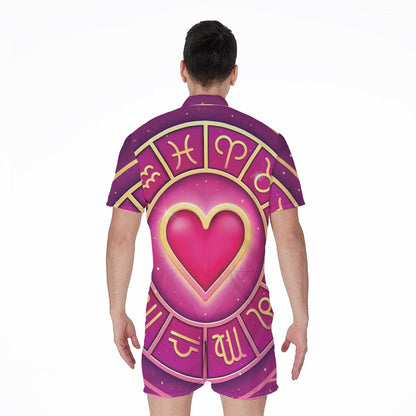 Pink Heart Zodiac Wheel Print Men's Rompers