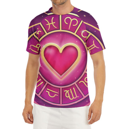 Pink Heart Zodiac Wheel Print Men's Short Sleeve Rash Guard