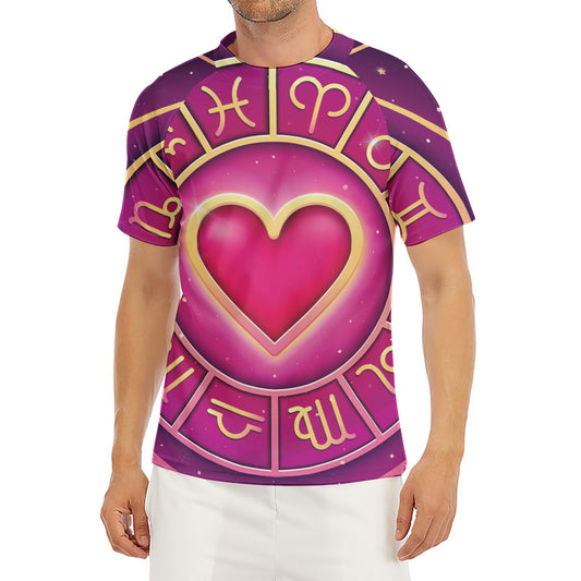 Pink Heart Zodiac Wheel Print Men's Short Sleeve Rash Guard