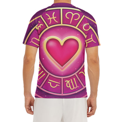 Pink Heart Zodiac Wheel Print Men's Short Sleeve Rash Guard