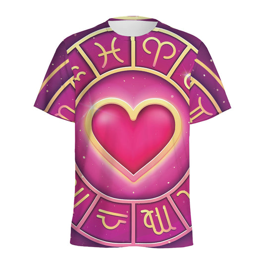 Pink Heart Zodiac Wheel Print Men's Sports T-Shirt