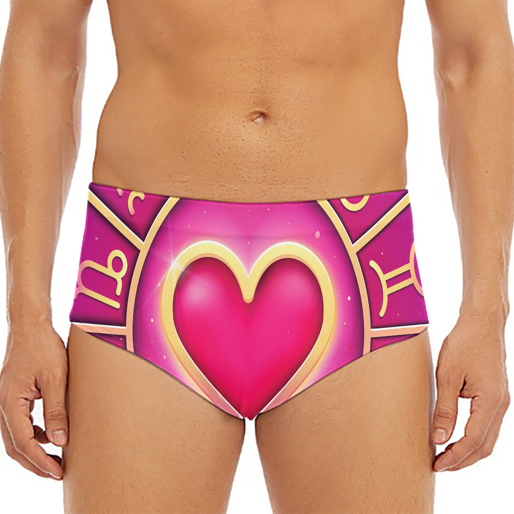 Pink Heart Zodiac Wheel Print Men's Triangle Swim Briefs