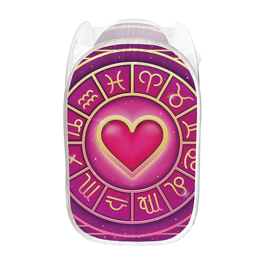 Pink Heart Zodiac Wheel Print Mesh Laundry Hamper