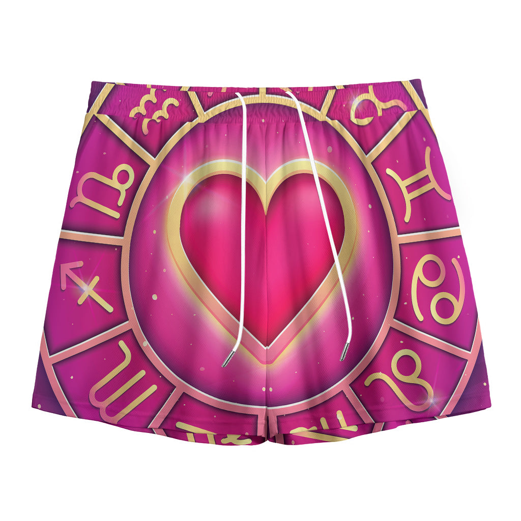 Pink Heart Zodiac Wheel Print Mesh Shorts