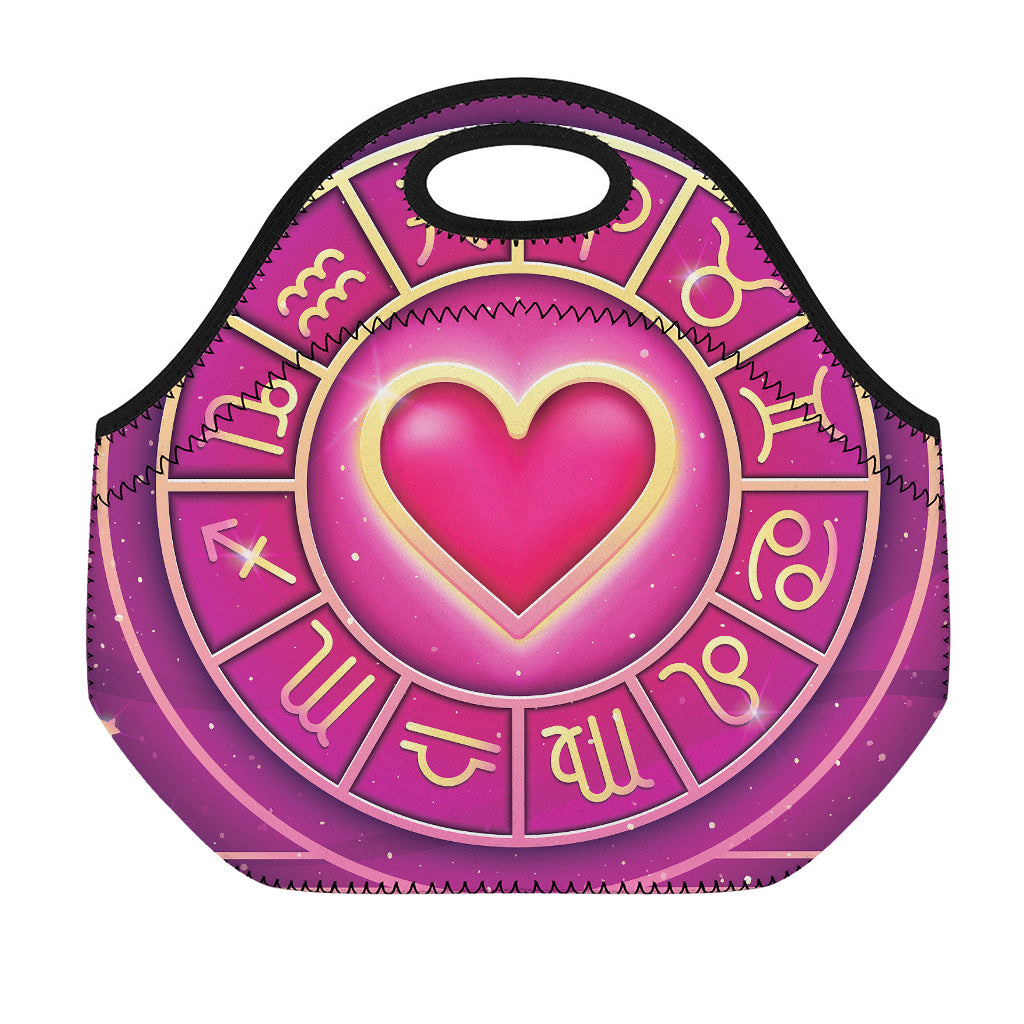 Pink Heart Zodiac Wheel Print Neoprene Lunch Bag