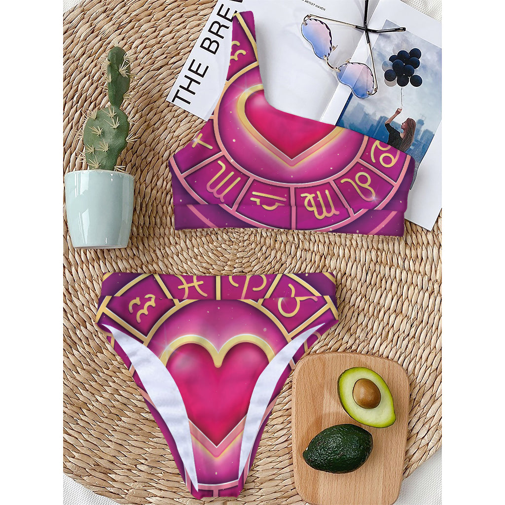Pink Heart Zodiac Wheel Print One Shoulder Bikini Top
