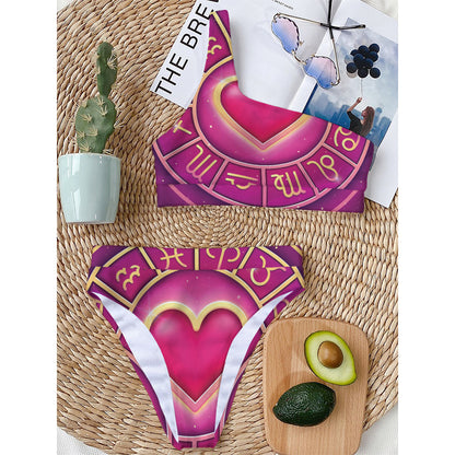 Pink Heart Zodiac Wheel Print One Shoulder Bikini Top