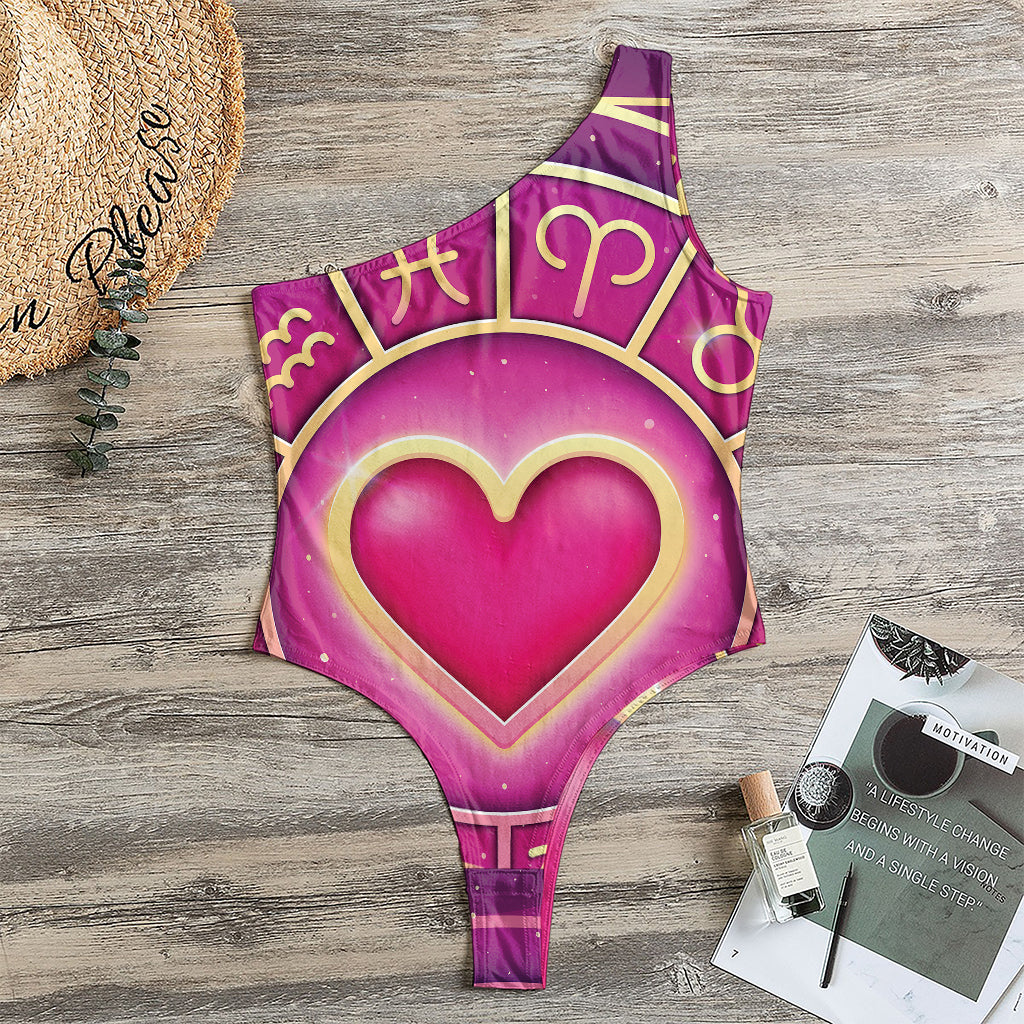 Pink Heart Zodiac Wheel Print One Shoulder Bodysuit