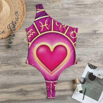 Pink Heart Zodiac Wheel Print One Shoulder Bodysuit