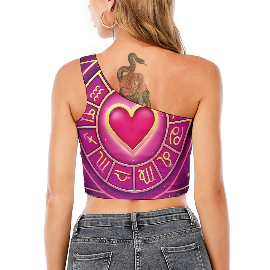 Pink Heart Zodiac Wheel Print One Shoulder Crop Top