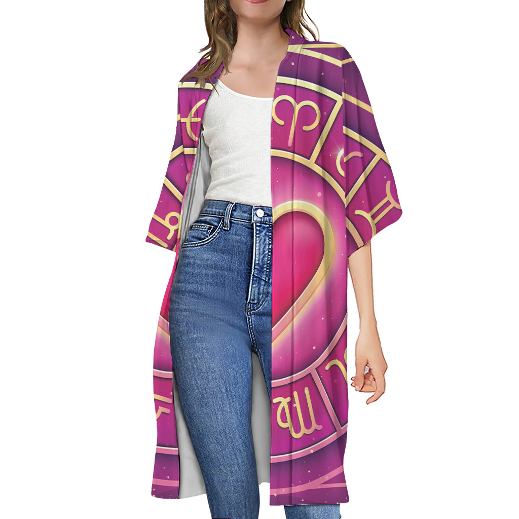 Pink Heart Zodiac Wheel Print Open Front Beach Cover Up