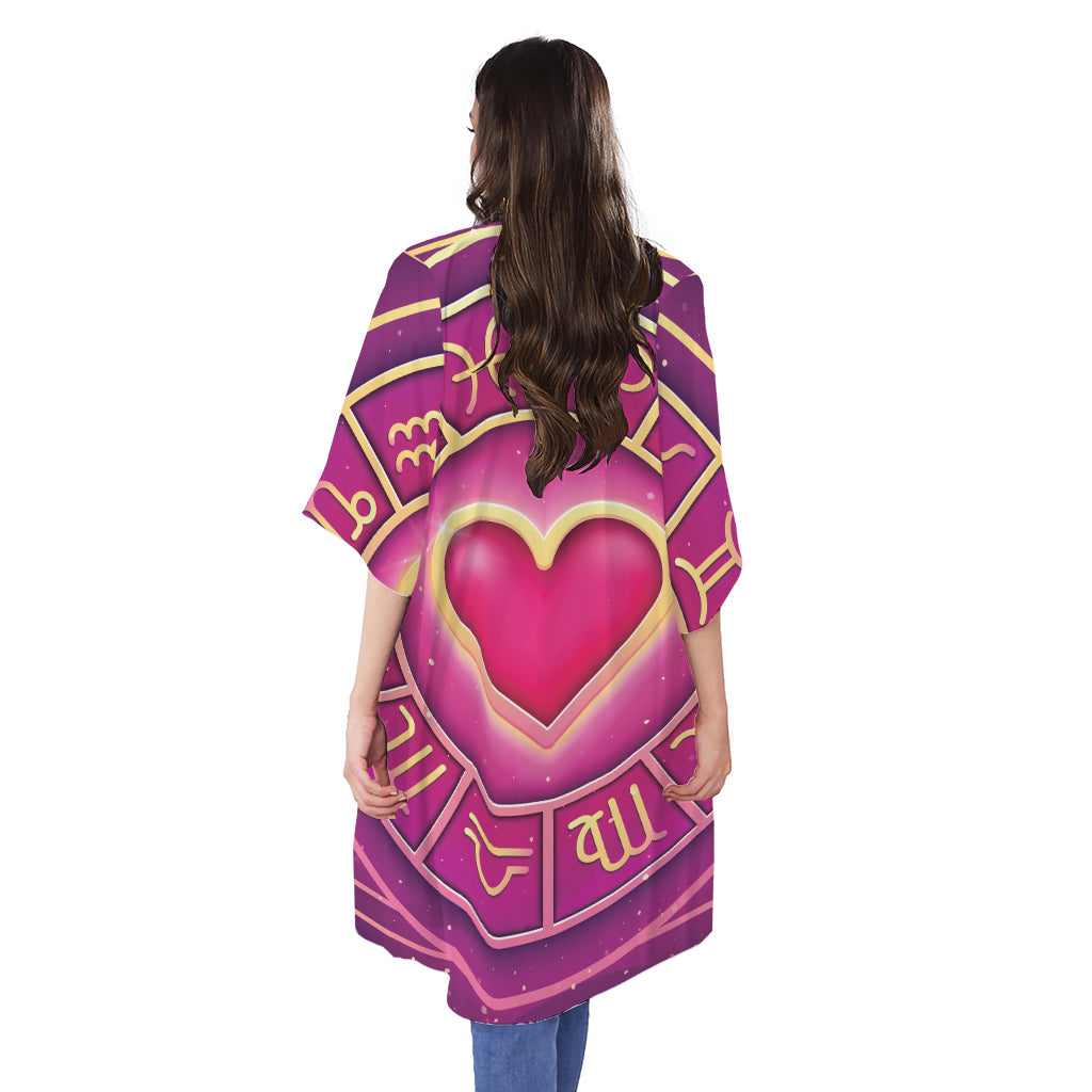 Pink Heart Zodiac Wheel Print Open Front Beach Cover Up