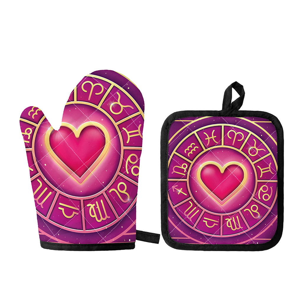Pink Heart Zodiac Wheel Print Oven Mitt And Pot Holder Set