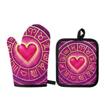 Pink Heart Zodiac Wheel Print Oven Mitt And Pot Holder Set