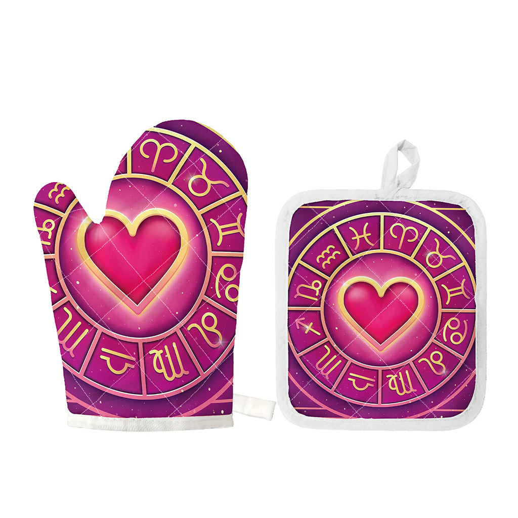 Pink Heart Zodiac Wheel Print Oven Mitt And Pot Holder Set