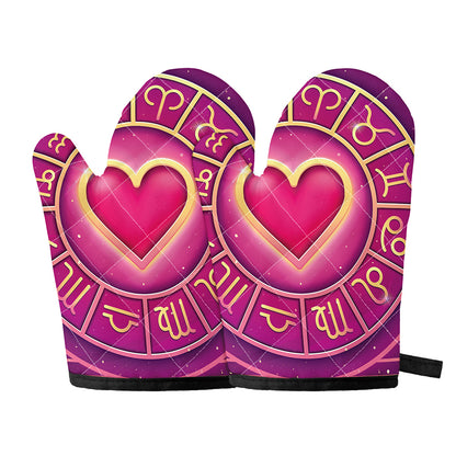 Pink Heart Zodiac Wheel Print Oven Mitts