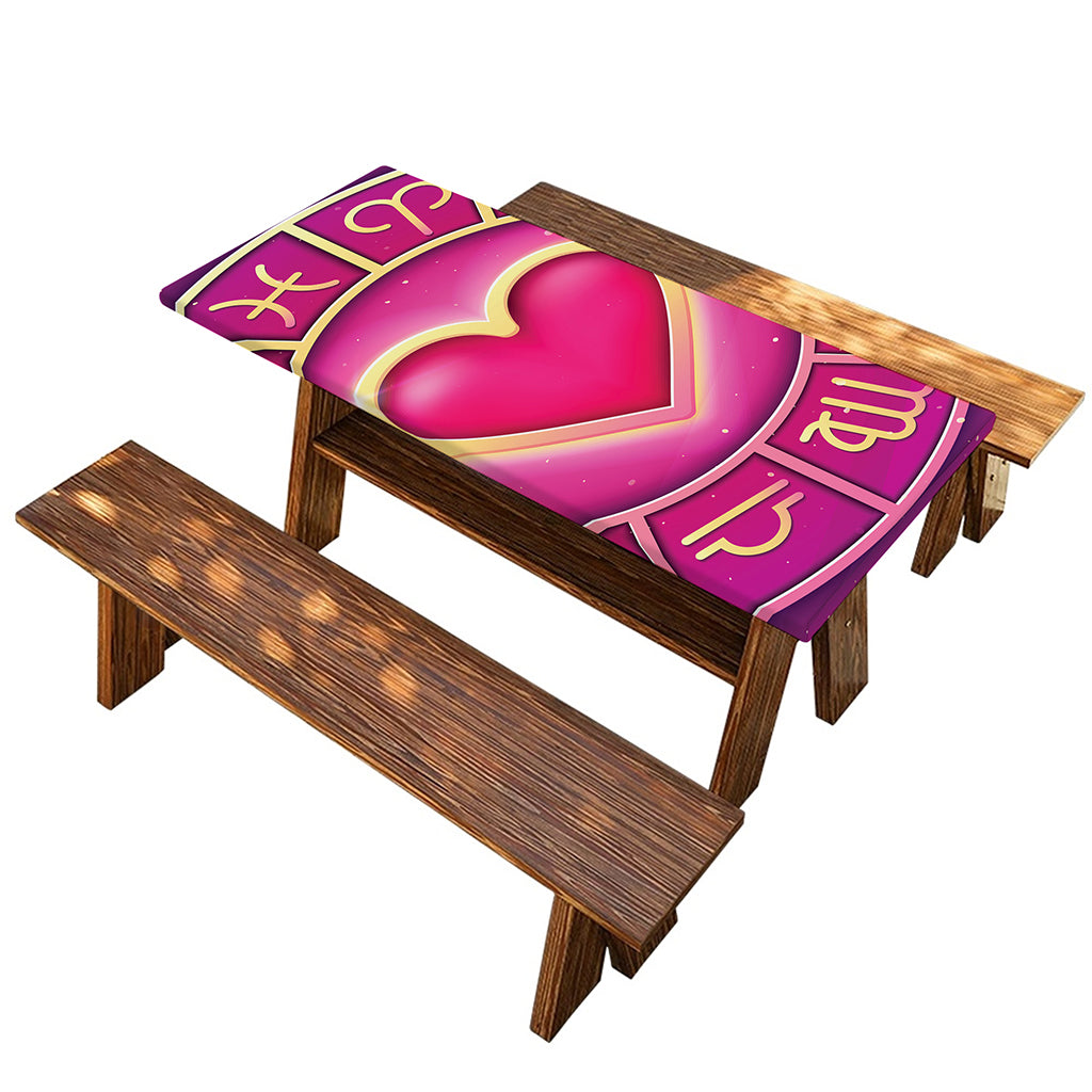 Pink Heart Zodiac Wheel Print Picnic Table Cover