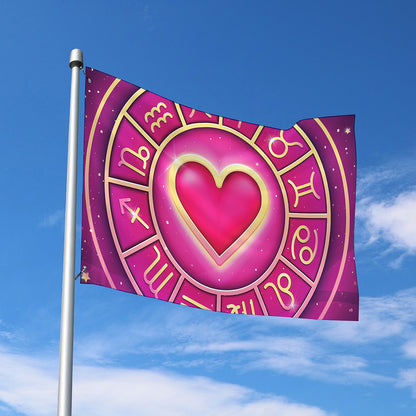 Pink Heart Zodiac Wheel Print Polyester Flag