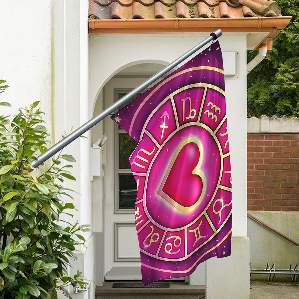 Pink Heart Zodiac Wheel Print Polyester Flag