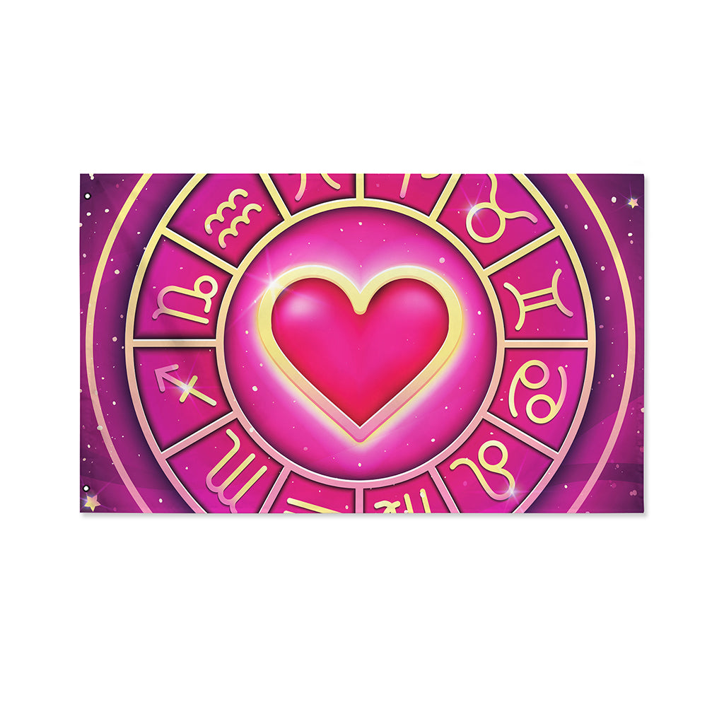 Pink Heart Zodiac Wheel Print Polyester Flag