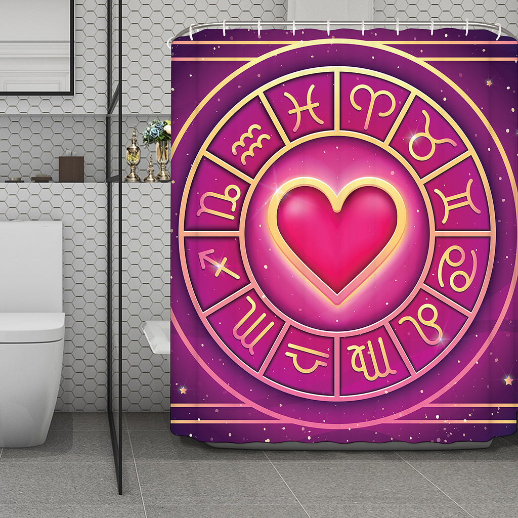 Pink Heart Zodiac Wheel Print Polyester Shower Curtain