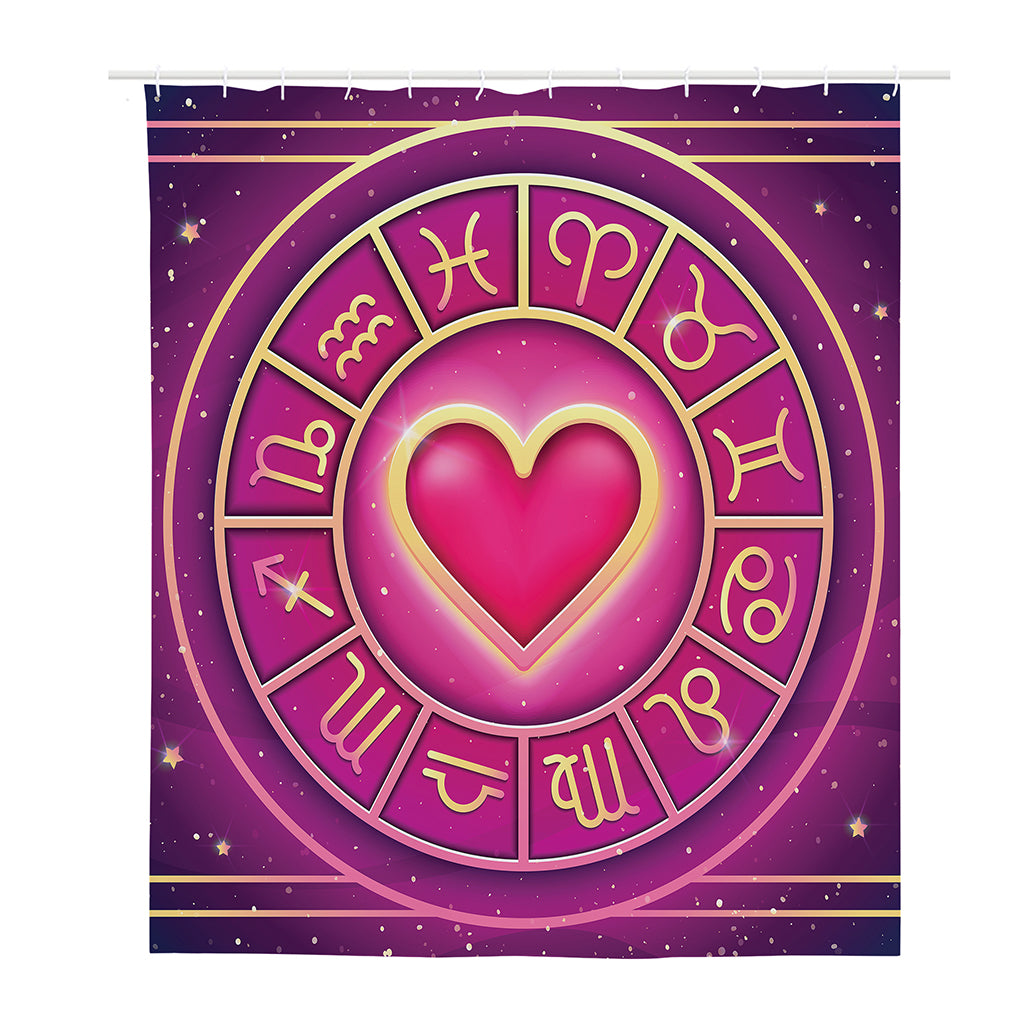 Pink Heart Zodiac Wheel Print Polyester Shower Curtain