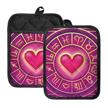 Pink Heart Zodiac Wheel Print Pot Holders With Pocket