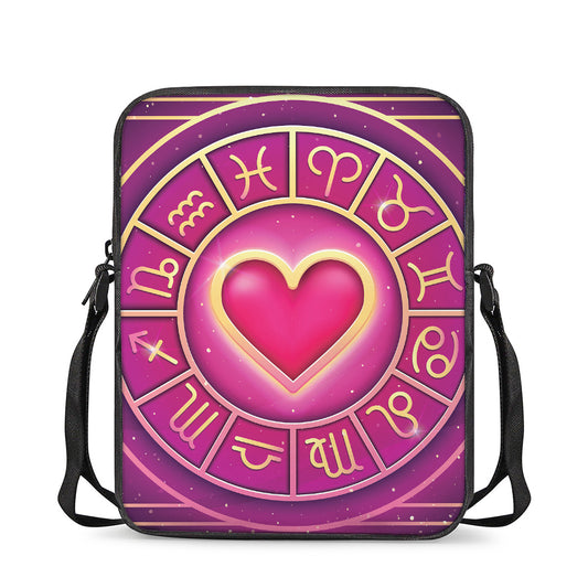 Pink Heart Zodiac Wheel Print Rectangular Crossbody Bag
