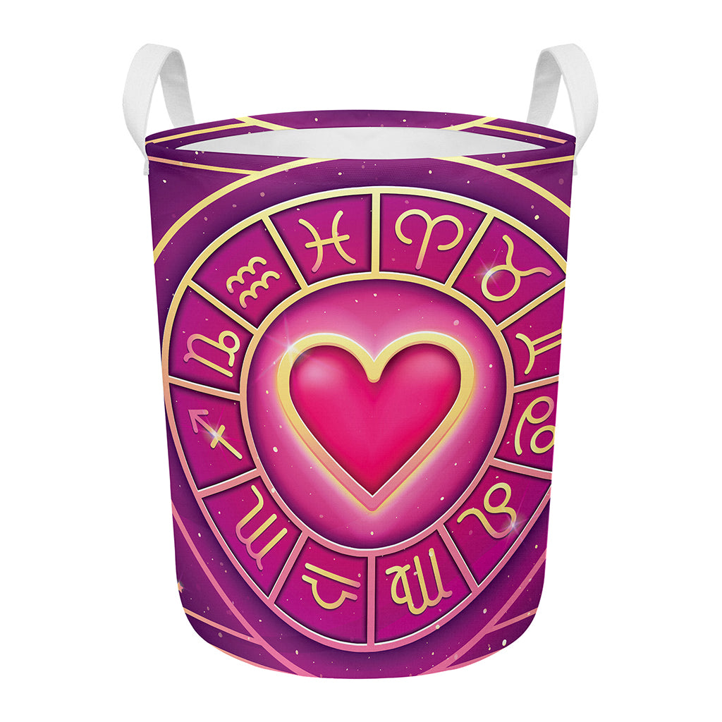 Pink Heart Zodiac Wheel Print Round Laundry Basket