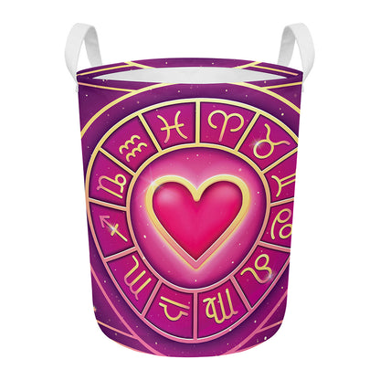 Pink Heart Zodiac Wheel Print Round Laundry Basket