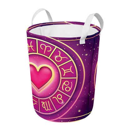 Pink Heart Zodiac Wheel Print Round Laundry Basket